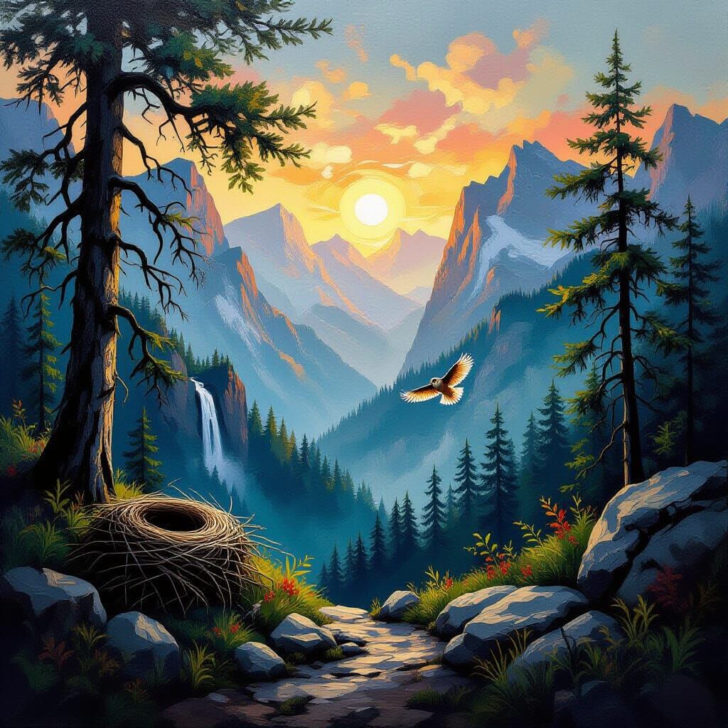 Dramatic Impasto Oil Painting of an Eagle-Owl in Mountain Fo...