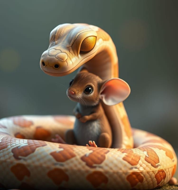 Adorable Snake and Mouse BFF Hug in Whimsical Fantasy Scene