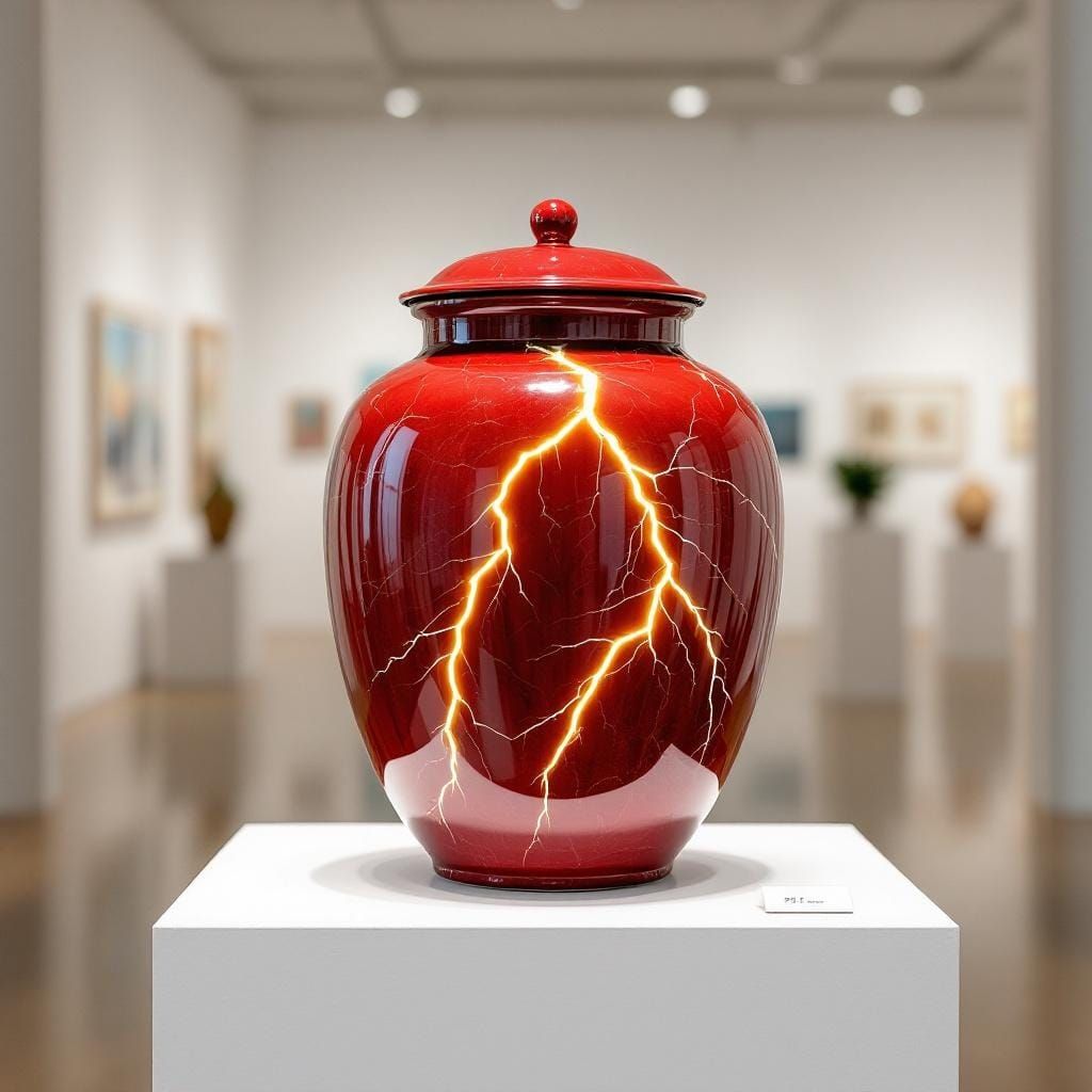 Ceramic Lightning Jar in Art Gallery, Photorealistic Image