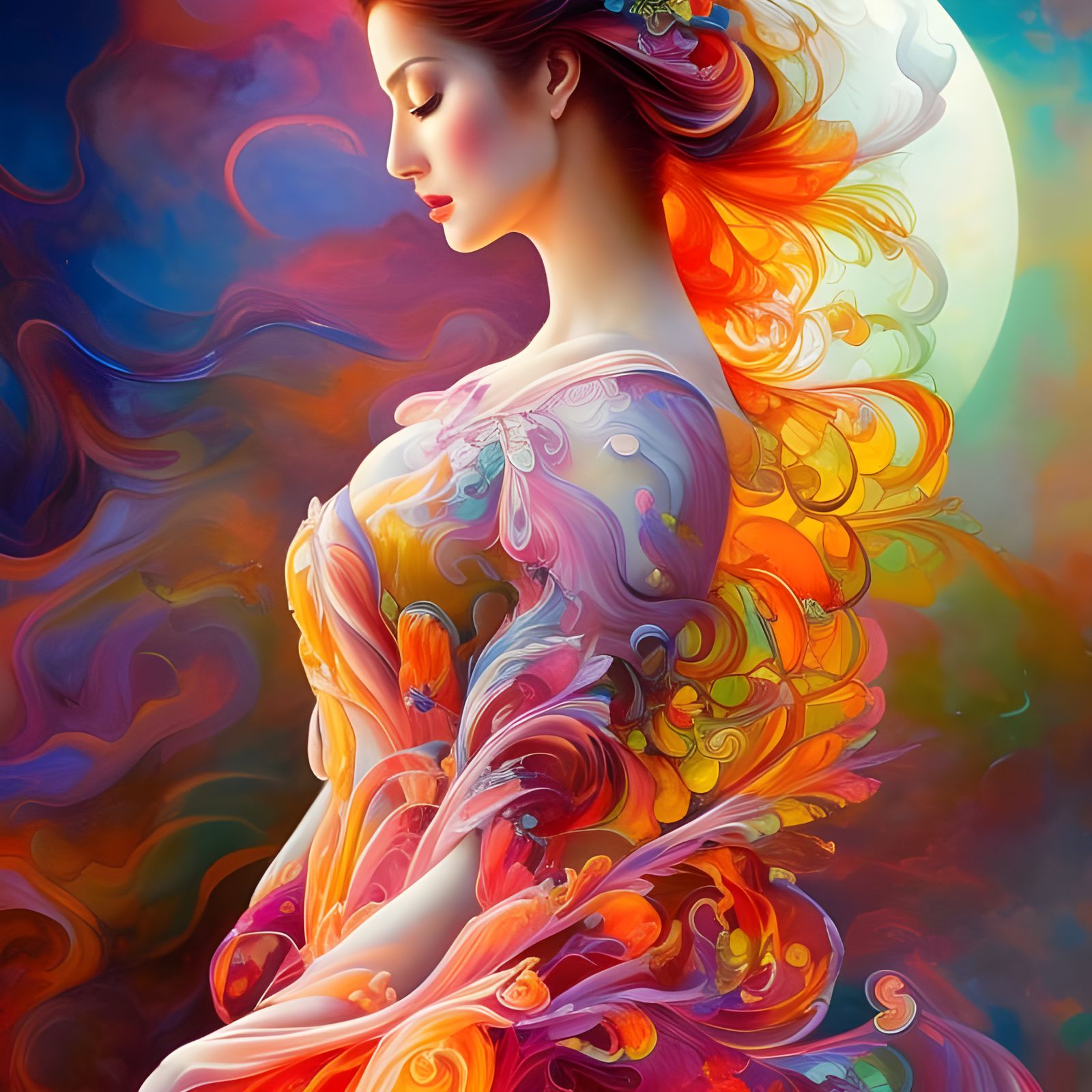 Ethereal Woman in Gossamer Gown, Digital Gouache Painting