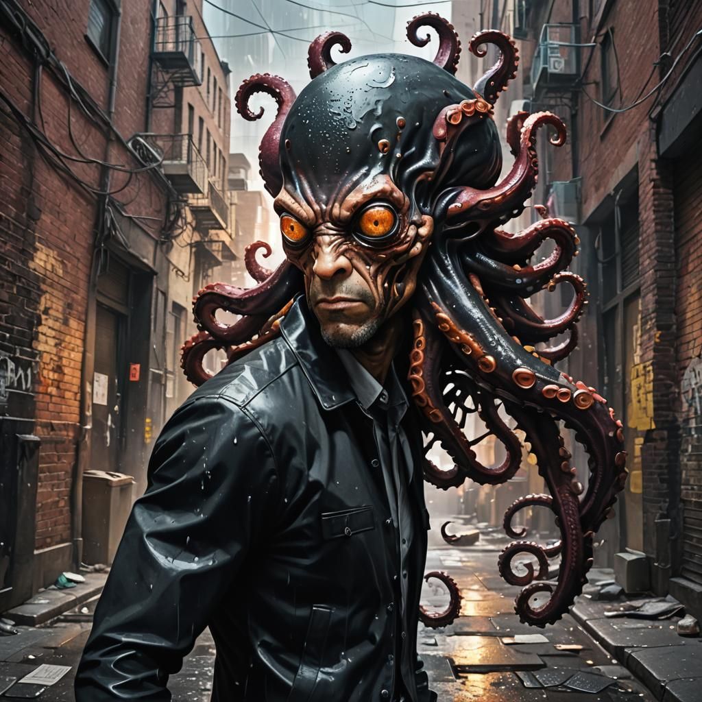 Octopus-Man in Noir Alley: Hyperrealistic Splash Art