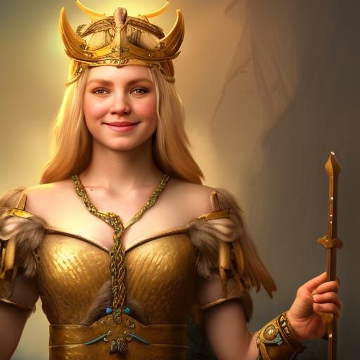 Freyja Smiling in Viking Outfit, Photorealistic Portrait