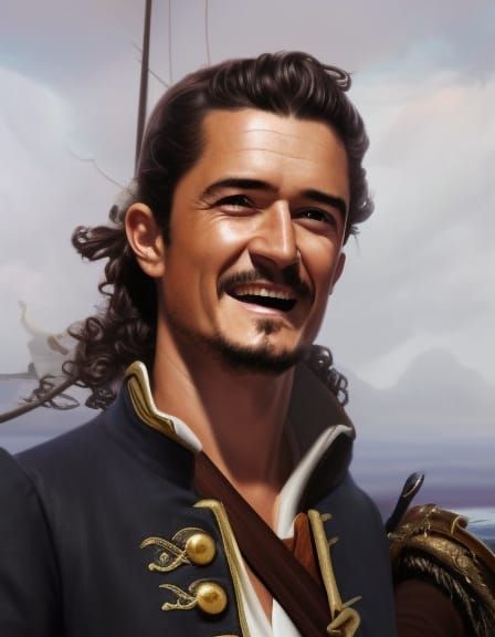 Portrait of Orlando Bloom as pirate William Turner from disney movie "Pirates of the Caribbean".  Intricate _details. El...