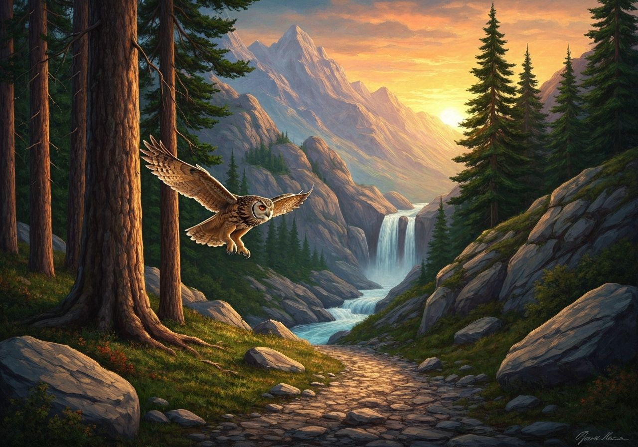 Dramatic Impasto Oil Painting of an Eagle-Owl in Mountain Fo...