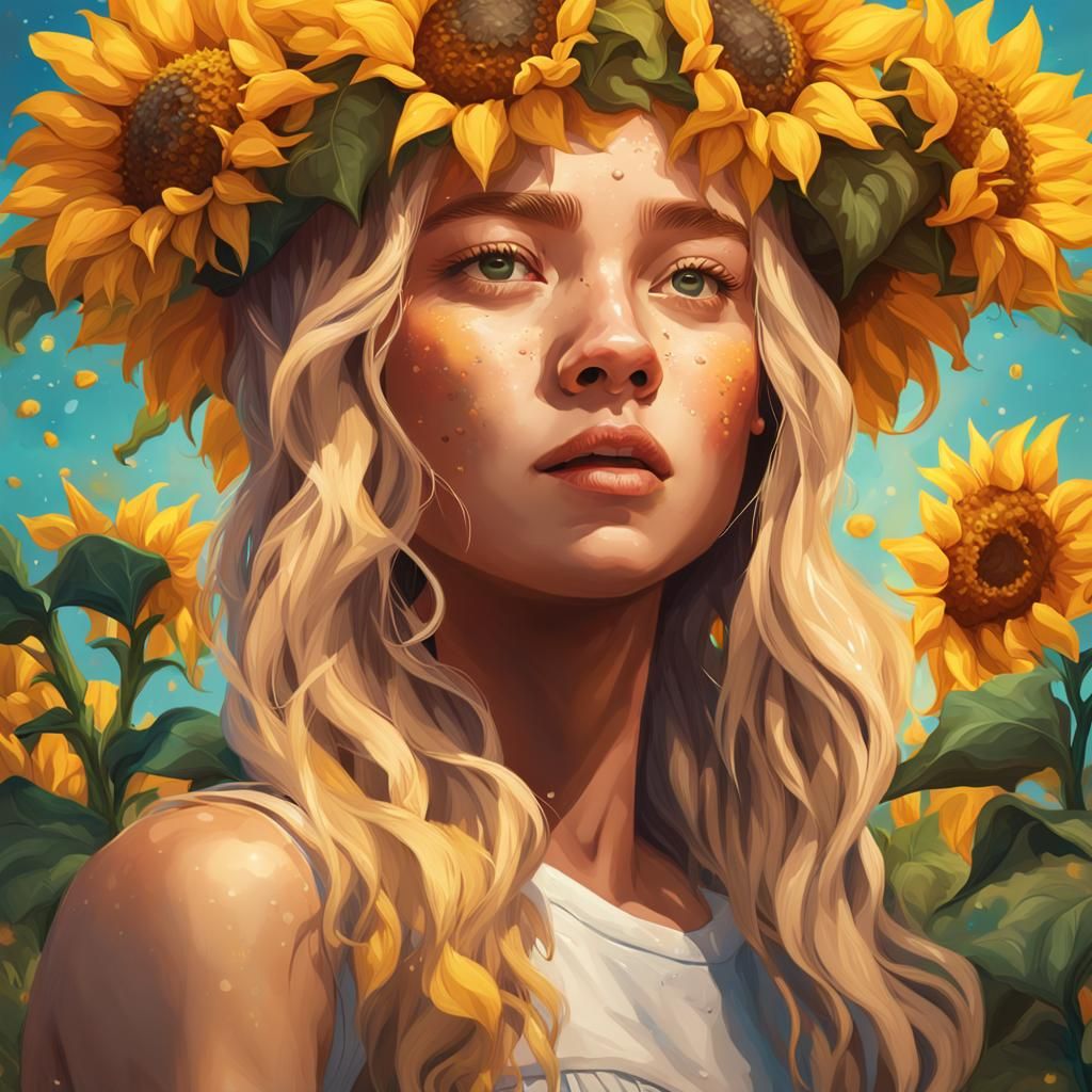 Girl with Sunflower Crown in Splash Art Style