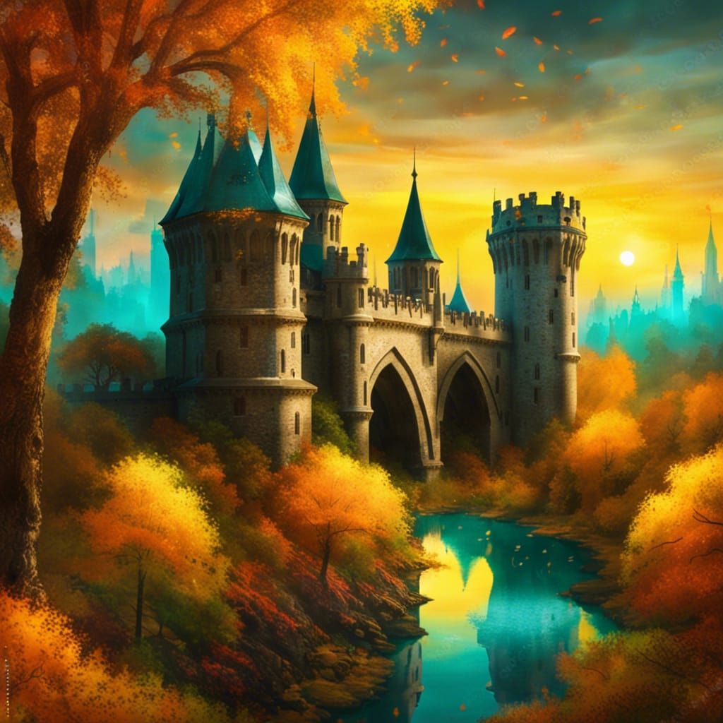 Gothic Castle and Autumn Meadow in Oil Painting Style