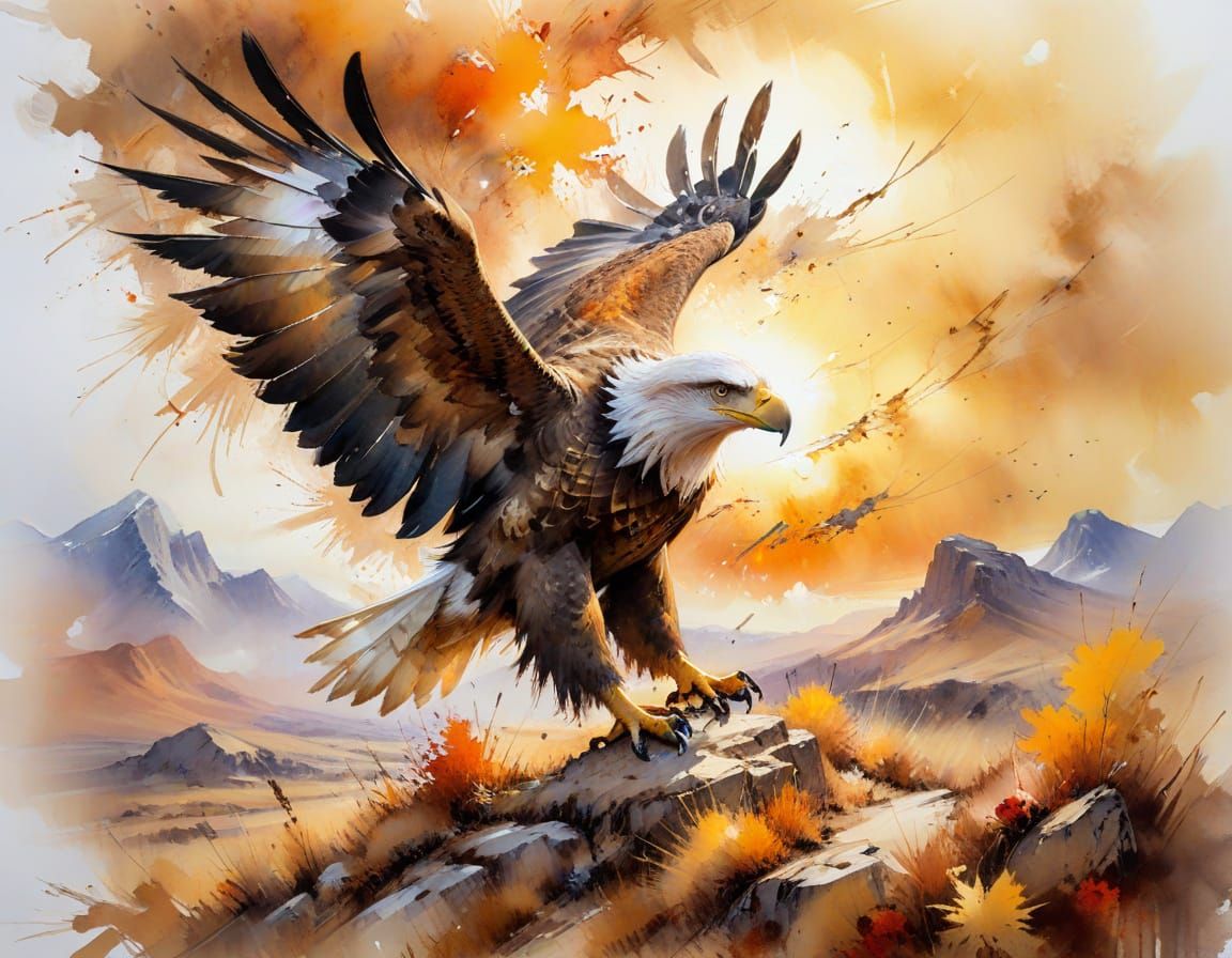 Eagle Over Autumn Plateau in Watercolor Style