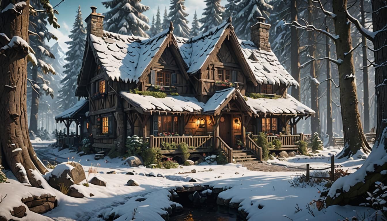 Cozy Rustic Cottage in Snowy Forest, Detailed Matte Painting