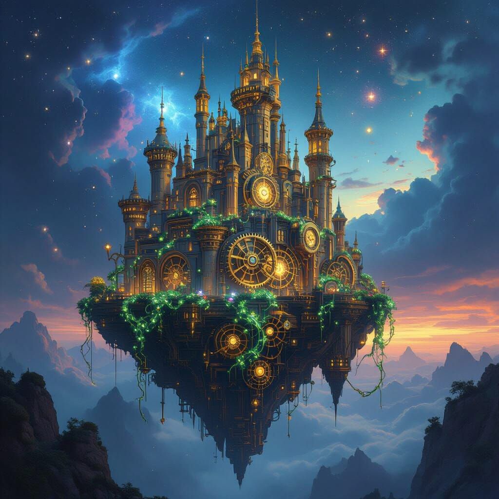 Ancient Clockwork Castle on Floating Island in Nebula