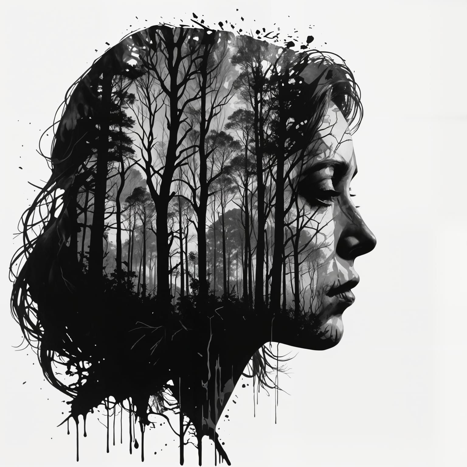 Melancholic Forest Queen in Ink Splash Art