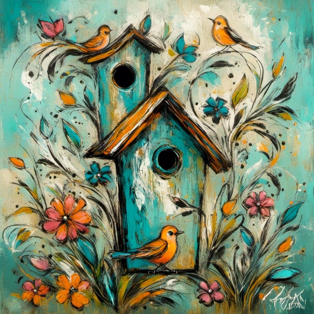 Whimsical Floral Birdhouse in Neo-Expressionist Style