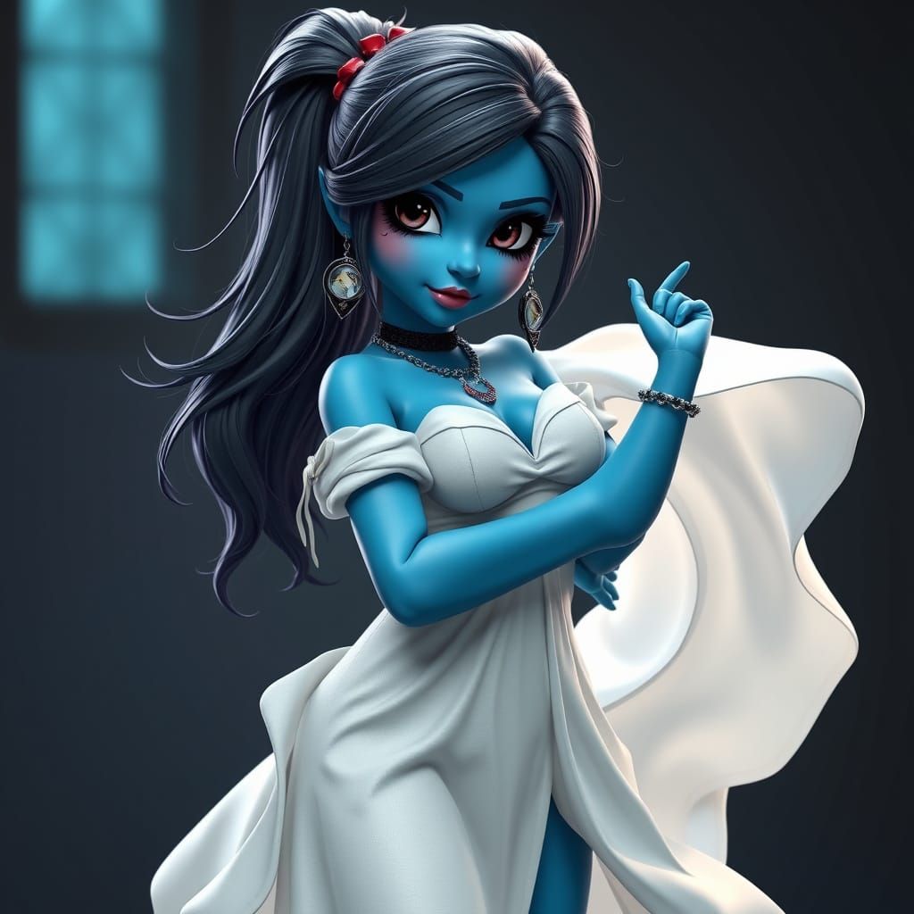 Smurfette from the Smurfs, beautiful and charismatic woman, with piercings, athletic, wearing a white dress, dazzling fi...