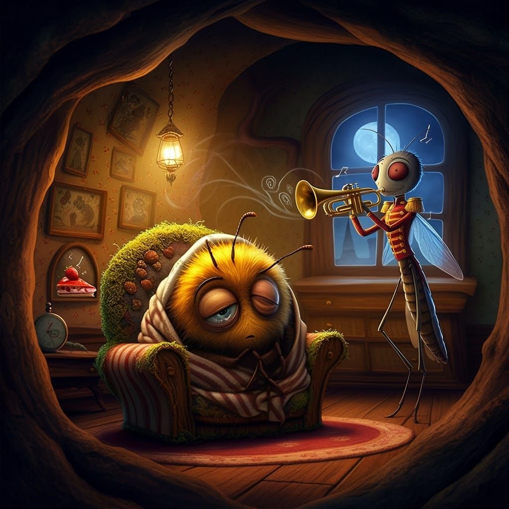 Sleepy Bee and Trumpet Mosquito in Tim Burton Style