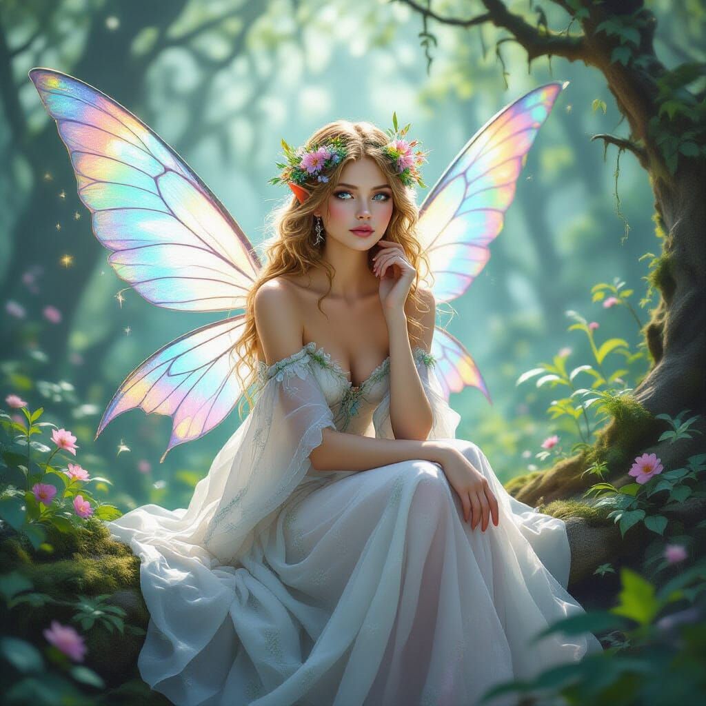 Ethereal Fairy with Iridescent Wings in Watercolor Style