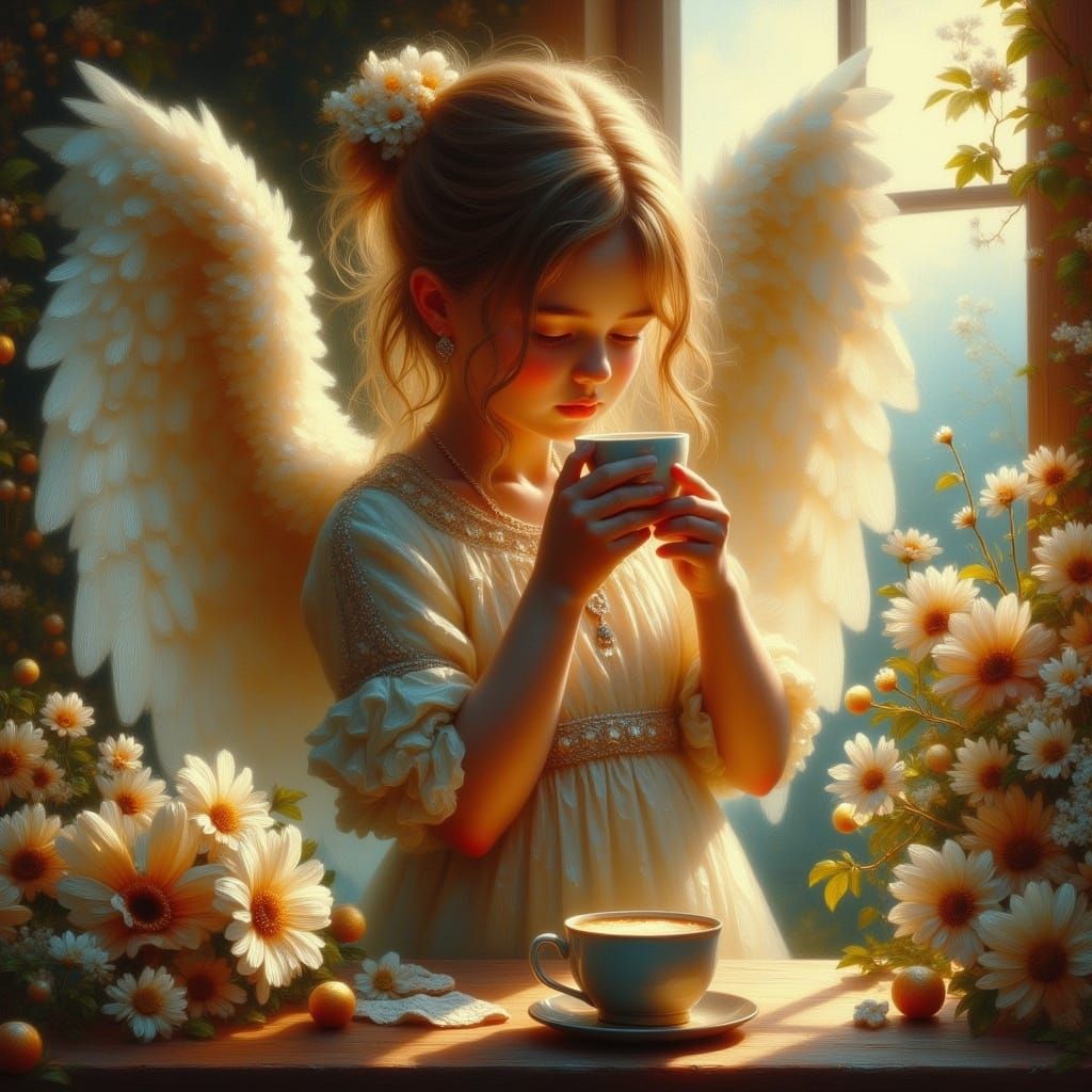 Angel Drinking Coffee as Oil Painting