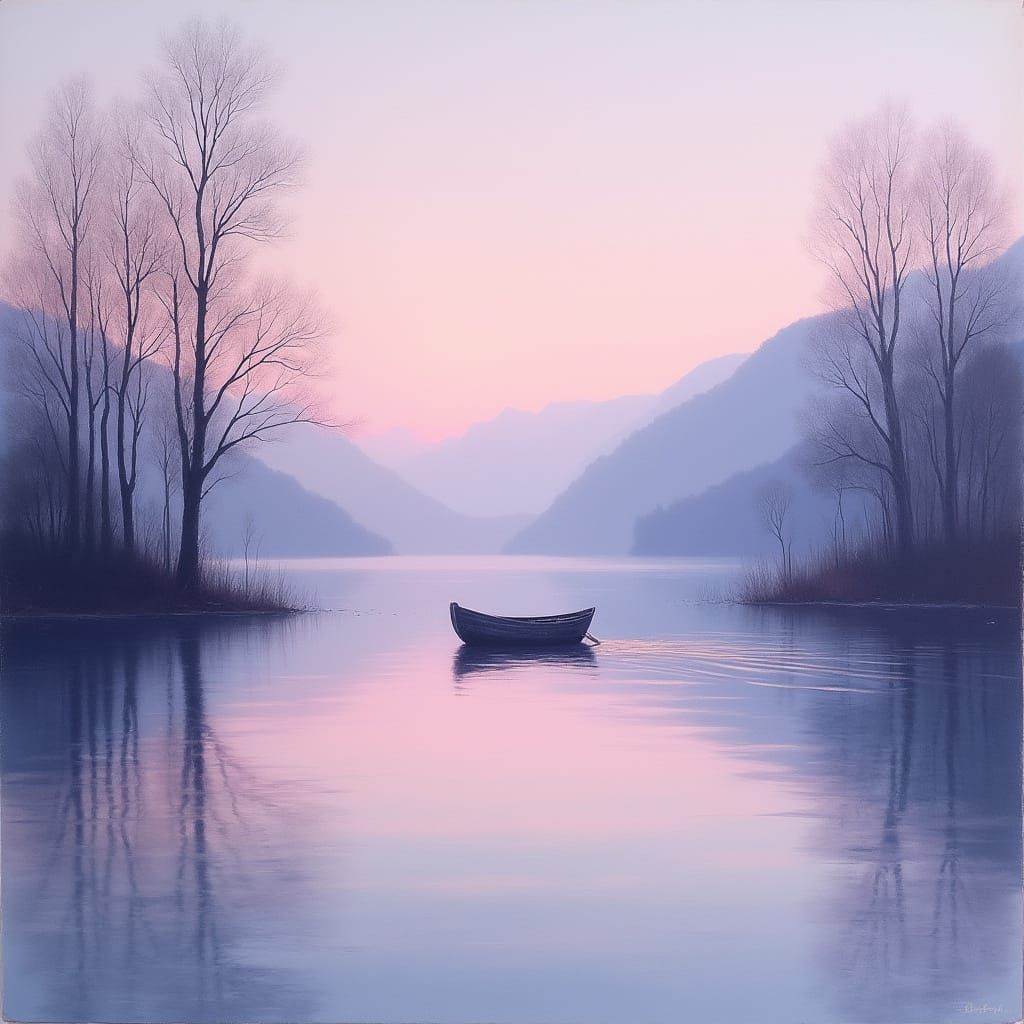 Ethereal Lakeside Scene at Twilight, in Dreamy Watercolor St...