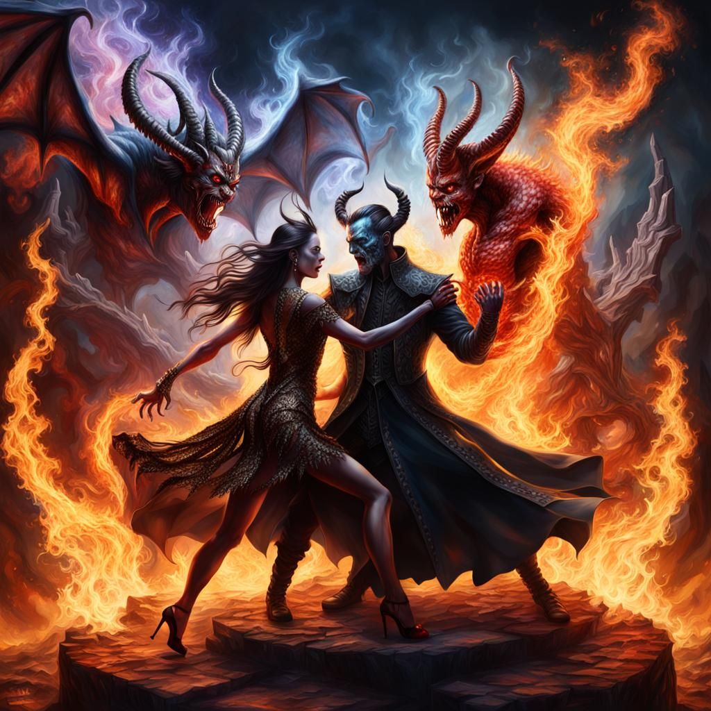 Hyperrealistic Demons Dancing in Hellfire and Ice