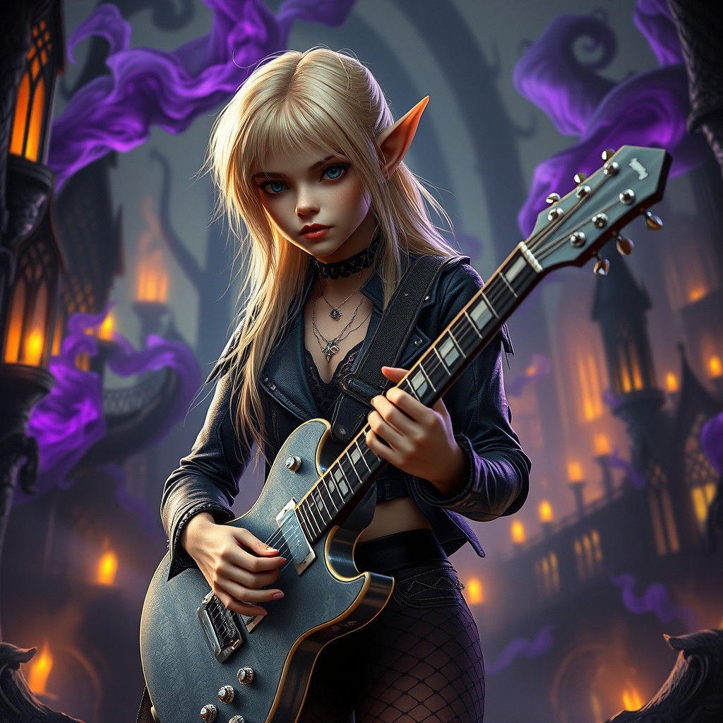 Edgy Elf Rockstar in Dark Fantasy Cityscape