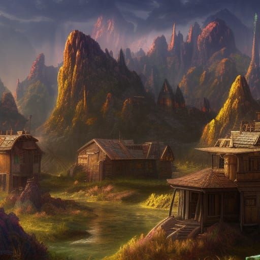 Fantastical Distant Town in Detailed Digital Painting