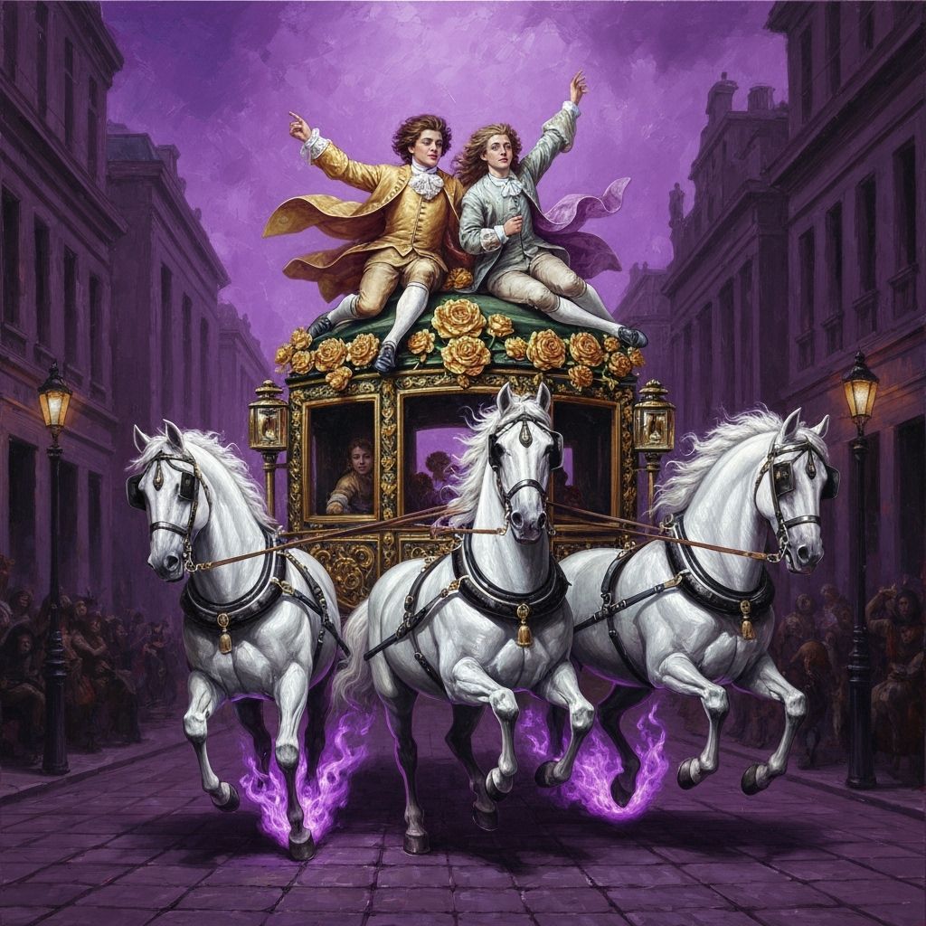 Baroque Aristocrats on Carriage in Violet Flames