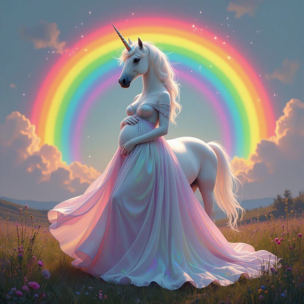 Pregnant Unicorn in Iridescent Gown, Digital Painting