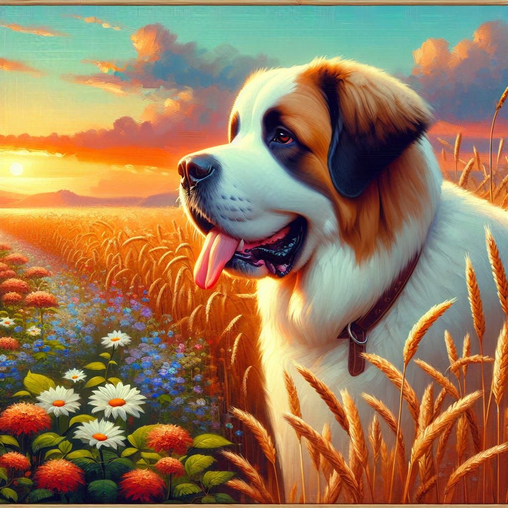 St Bernard Dog Portrait in Flower Field, Painterly Style