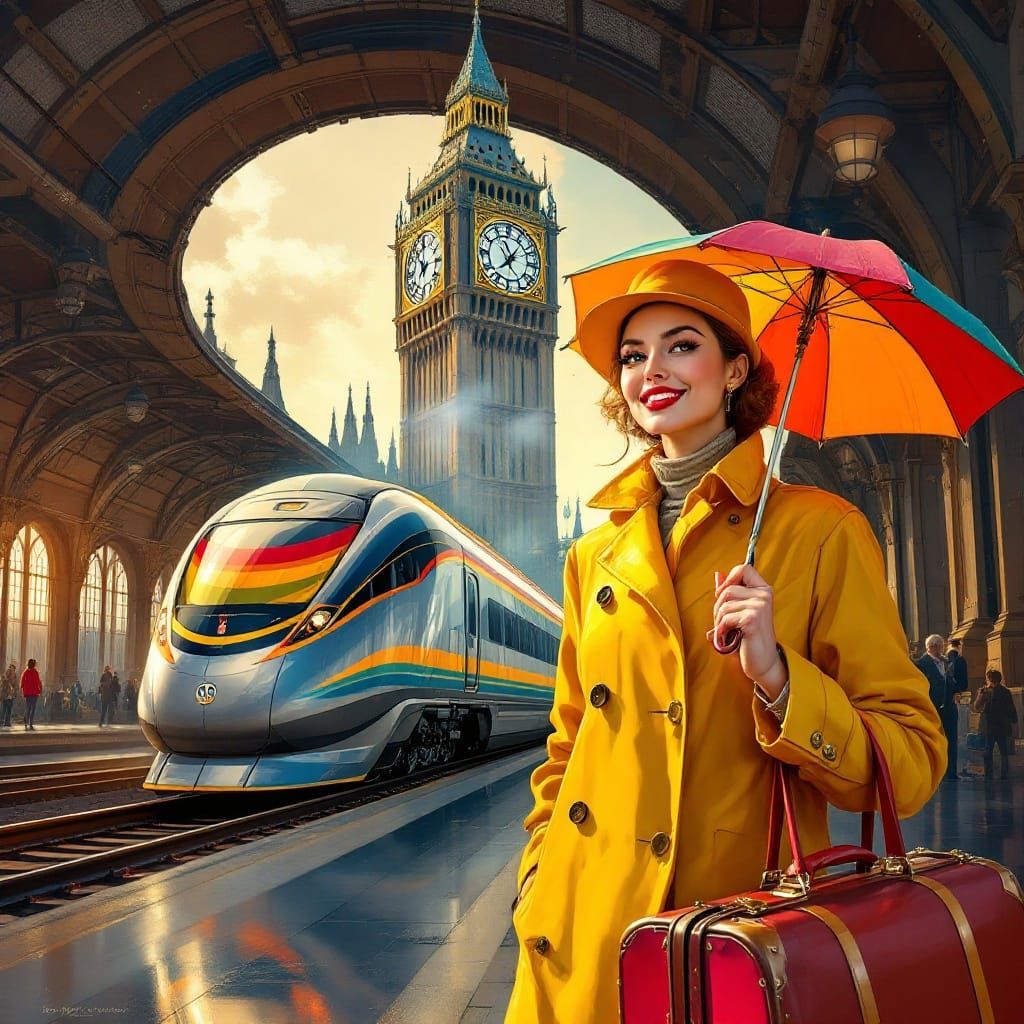 Confident Woman in Bright Yellow Raincoat Holding Colorful U...