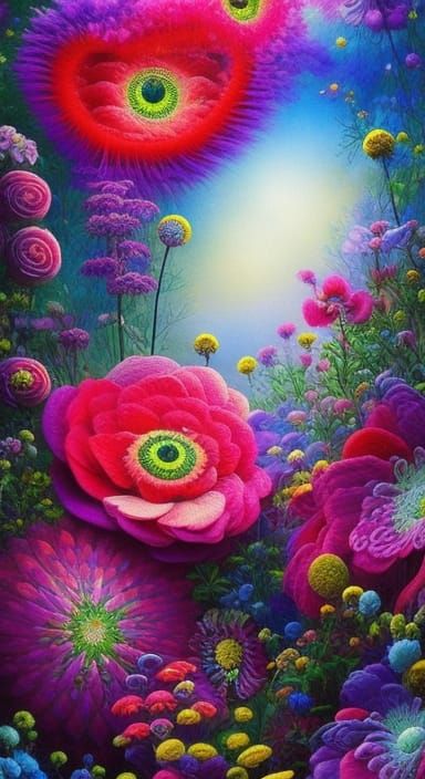 Eye with Embroidered Flowers in Gouache Painting Style