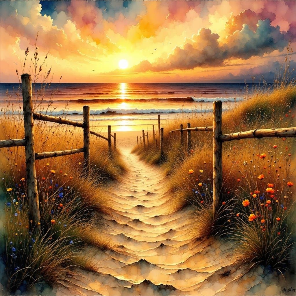 Beach Fence at Sunrise with Vibrant Colors