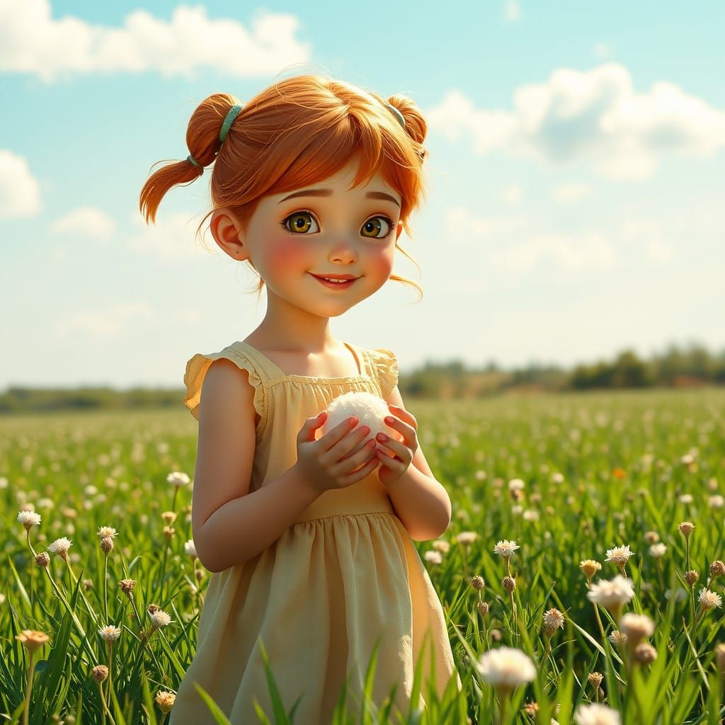 Redhead Girl Surrounded by Dandelion Blooms in a Sunny Field
