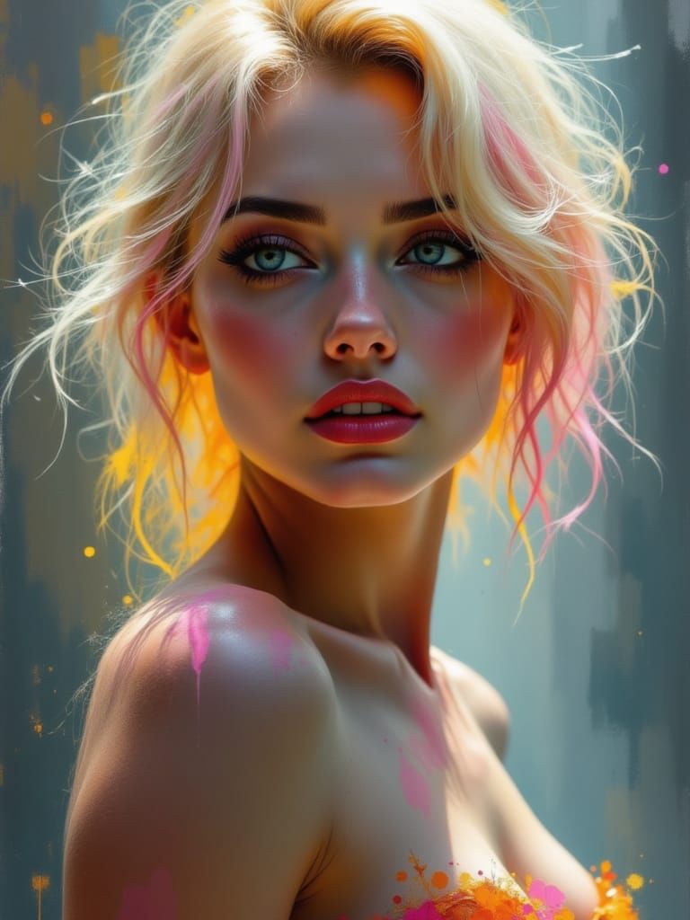 Pin-Up Woman with Pink-Tipped Hair and Direct Gaze