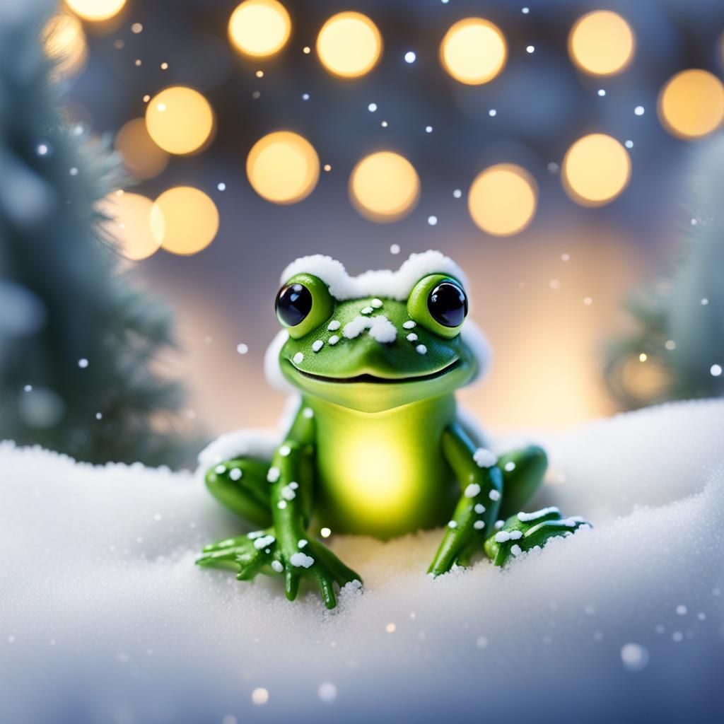 Adorable Frog in Winter Wonderland with Twinkling Lights
