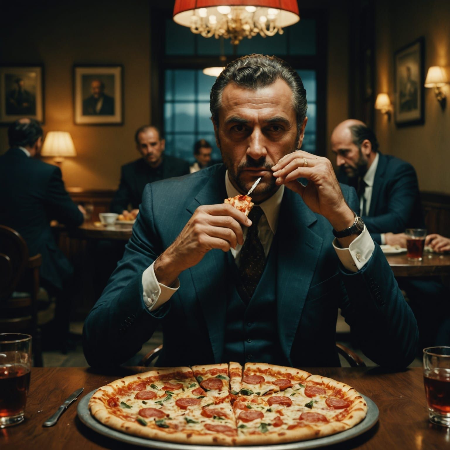 Cinematic Italian Mafioso Enjoying Pizza