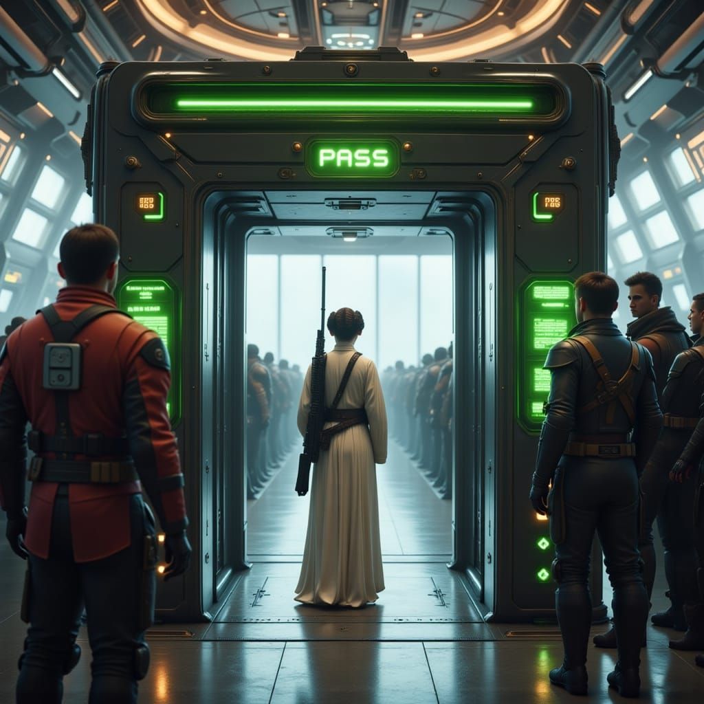 Princess Leia Passes Cyberpunk Security Gate