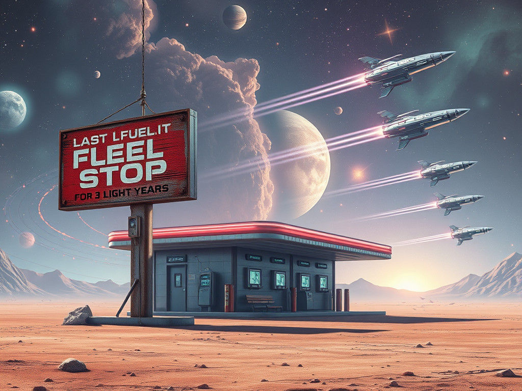 Retro Gas Station in Space with Alien Spaceships