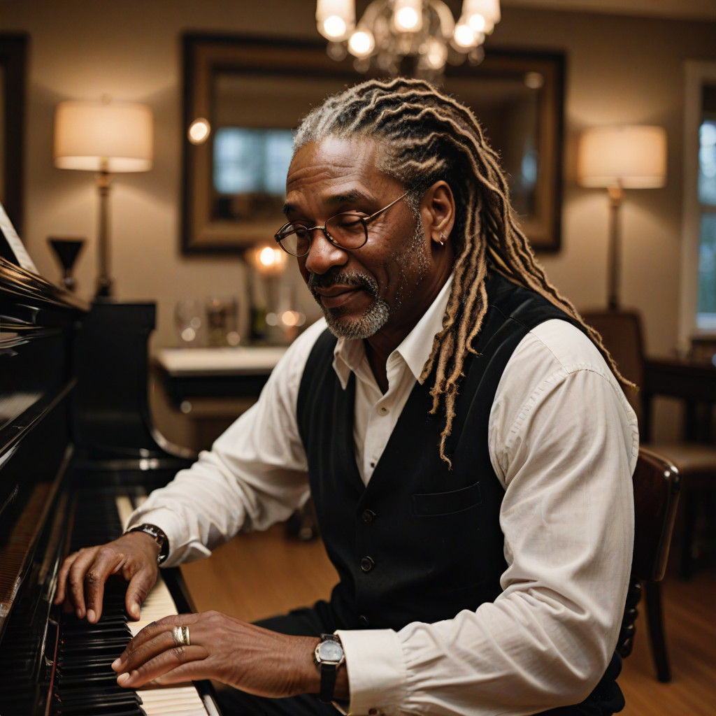 Elegant Black Man Plays Piano in Soft Light