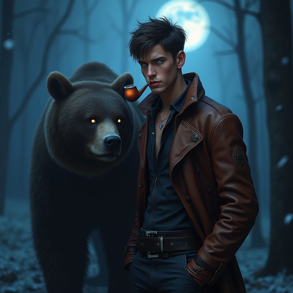 Rugged Brooding Hero Stands with Wild Bear in Mystical Fores...
