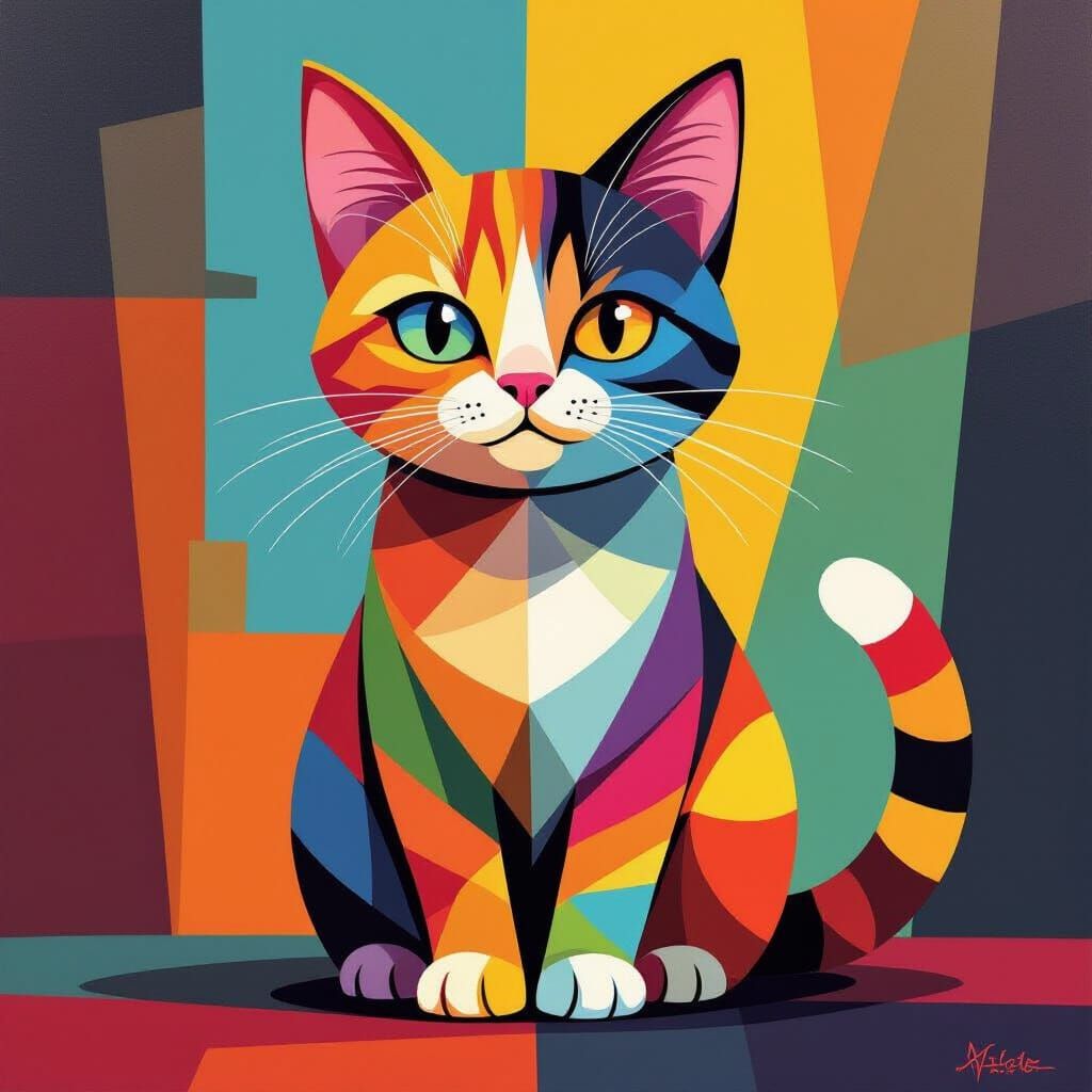 Shiny Multicolored Cat Figurine in Neo-Cubist Style