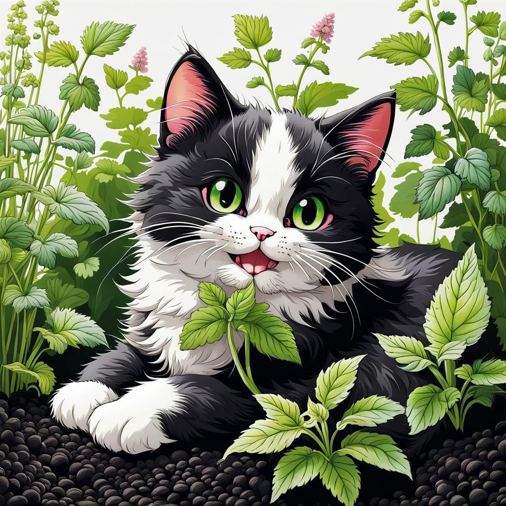 Chibi Cat's Joyful Catnip Frolic in Anime Style