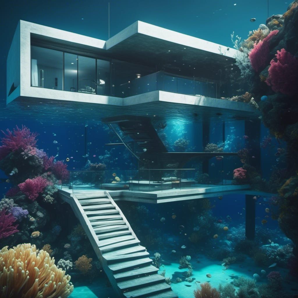 Underwater Modern Home with Sea Creatures