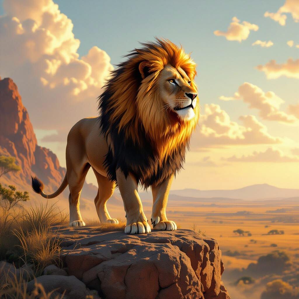 Fiery Lion Overlooking Sunlit Savanna, Hyperrealistic Art