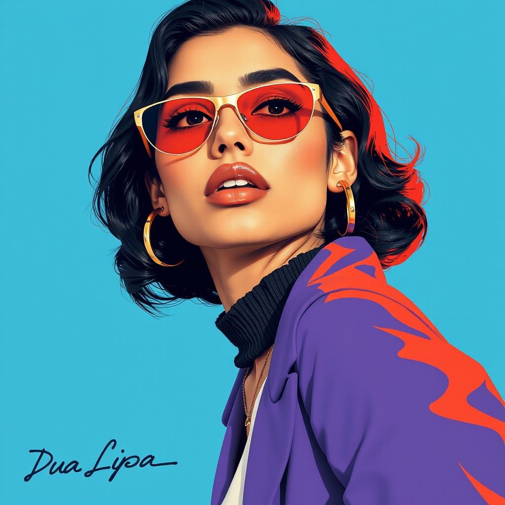 Dua Lipa Portrait in Patrick Nagel Pop Art Style