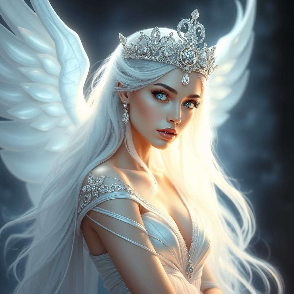 Ethereal Cancerian Goddess with Shimmering Silver Gown and D...