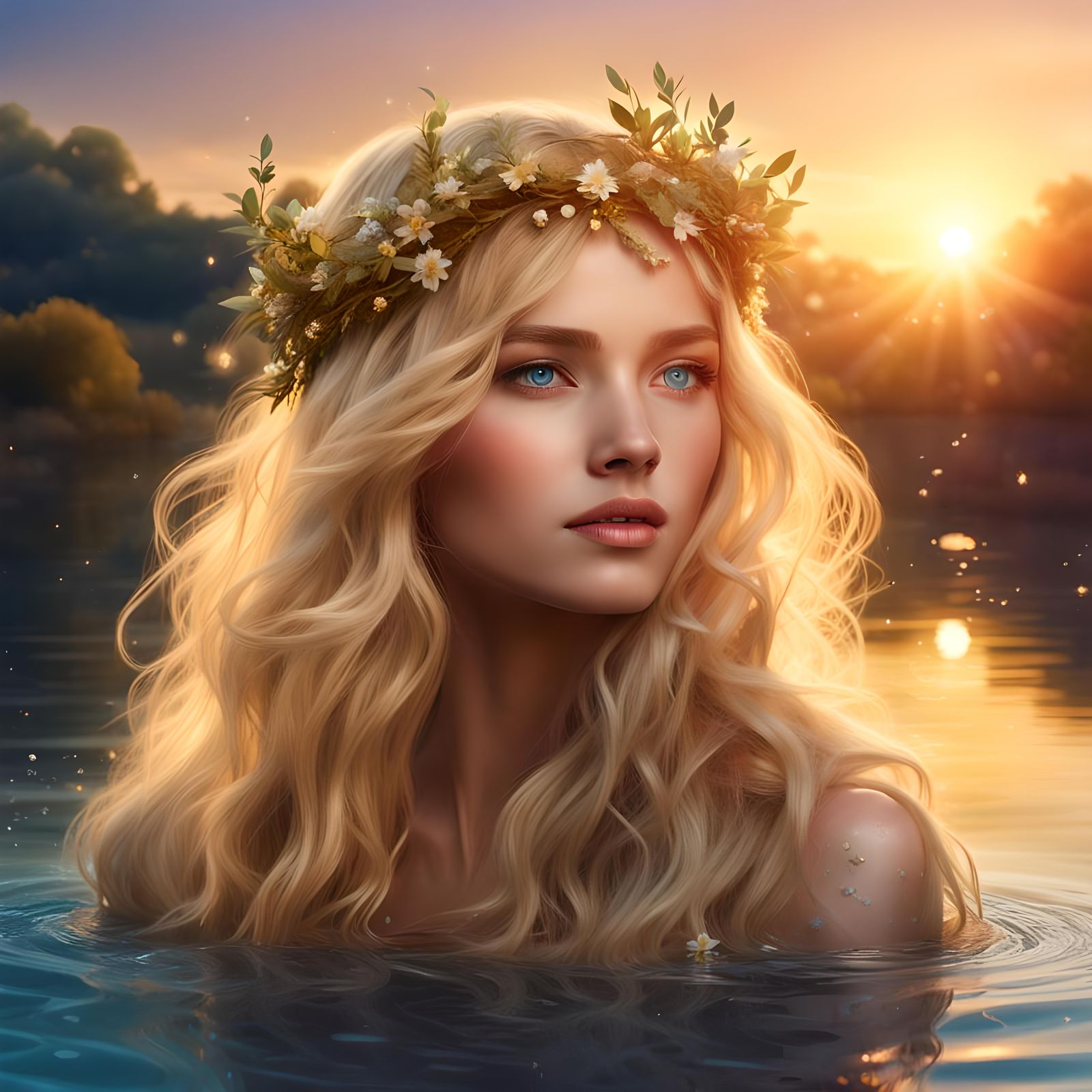 Curvy Woman with Golden Laurel Wreath at Sunset