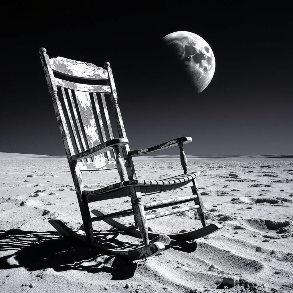 Abandoned Rocking Chair on the Moon in Black and White