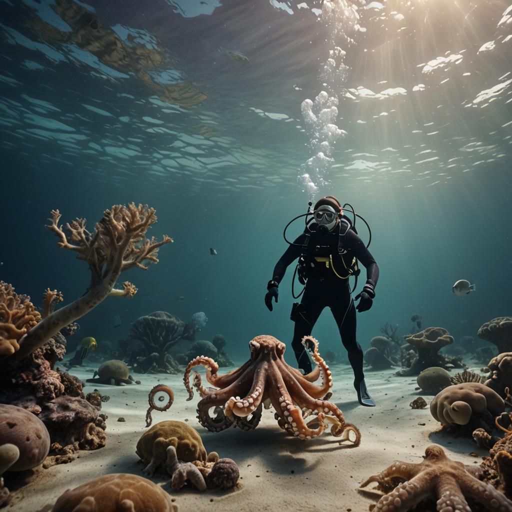 Underwater Diver and Octopus in Cinematic Style