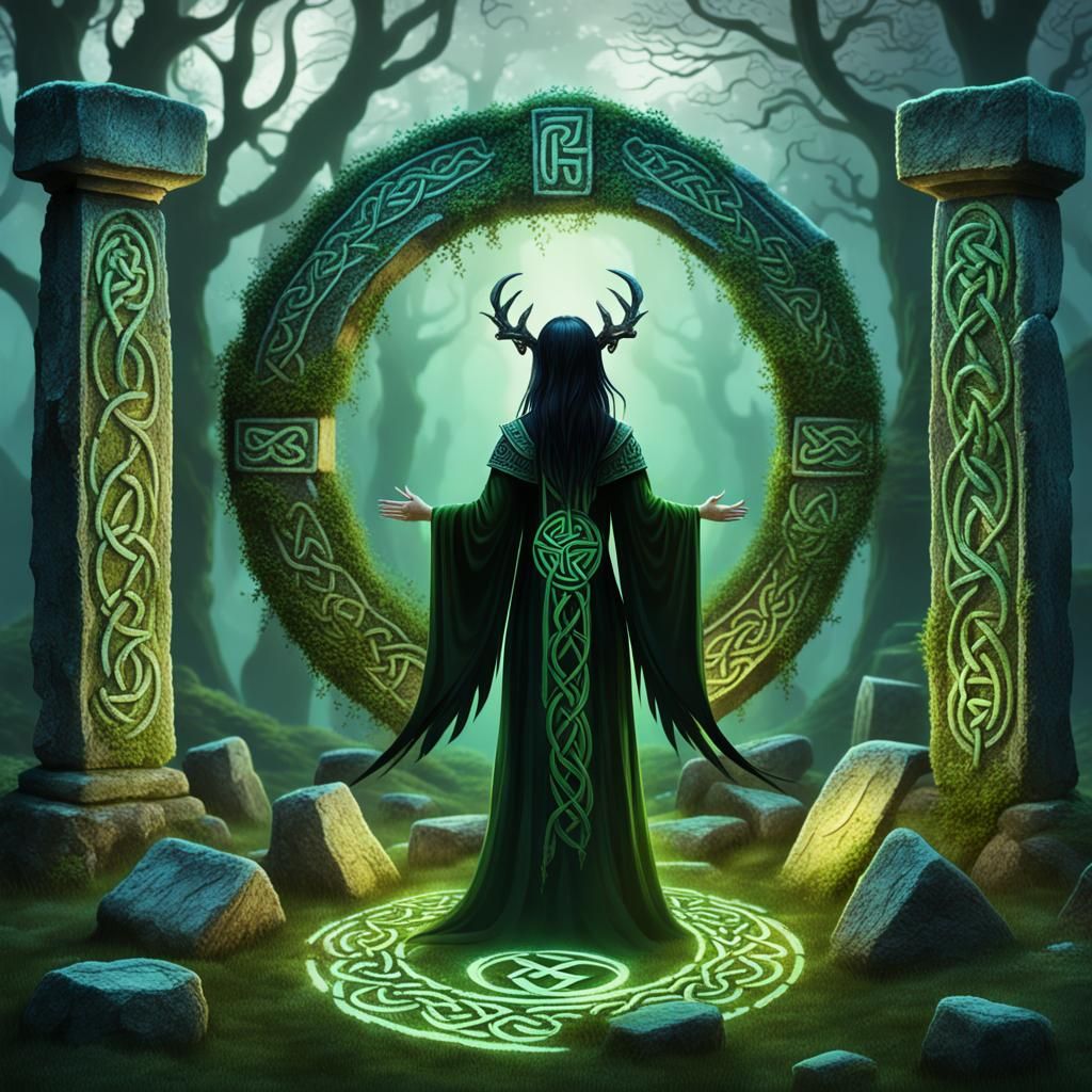 Morrigan in Celtic Otherworld with Runestone