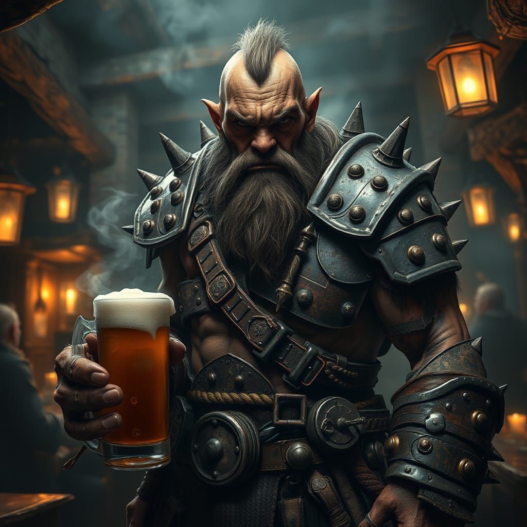 Battle-Scarred Orc Mercenary in a Dimly Lit Tavern