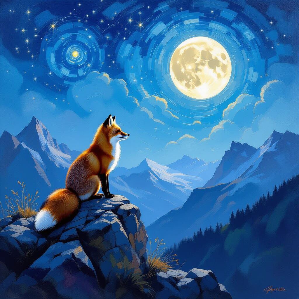 Fox Gazes at Starry Alpine Sky in Impressionist Style