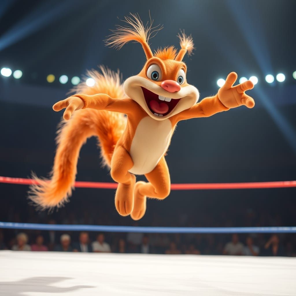 Squirrel Wrestler Flying from Ring Ropes